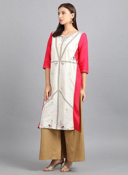Ecru Round Neck Printed kurta - wforwoman