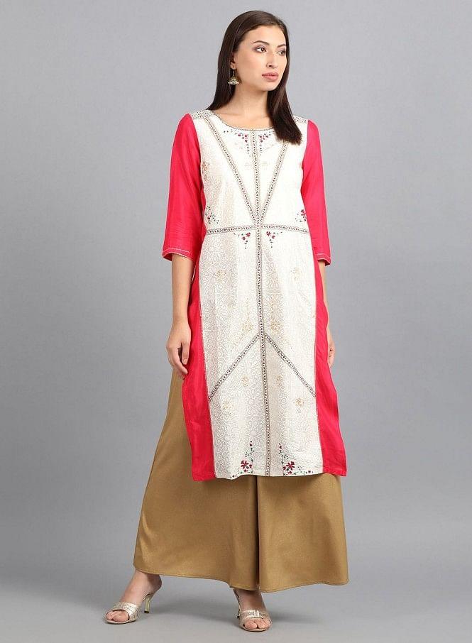 Ecru Round Neck Printed kurta - wforwoman