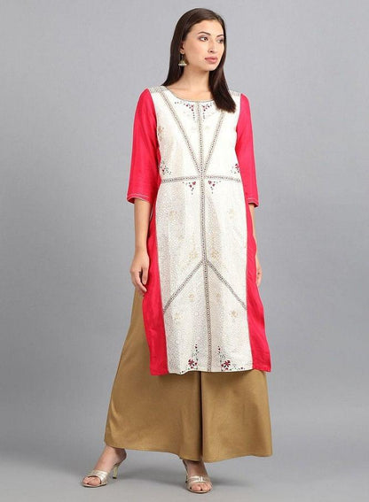 Ecru Round Neck Printed kurta - wforwoman