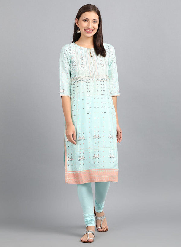 Light Blue Round Neck Printed kurta