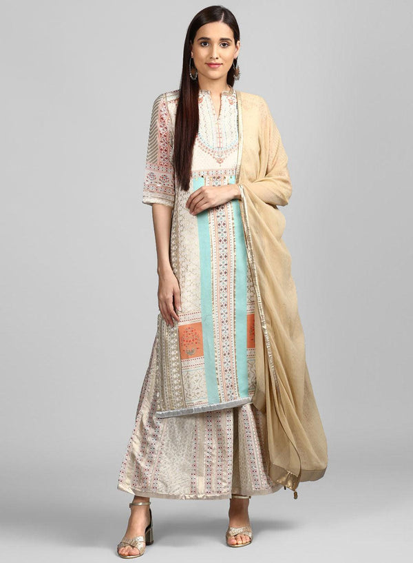 Off-White Mandarin Neck Printed kurta