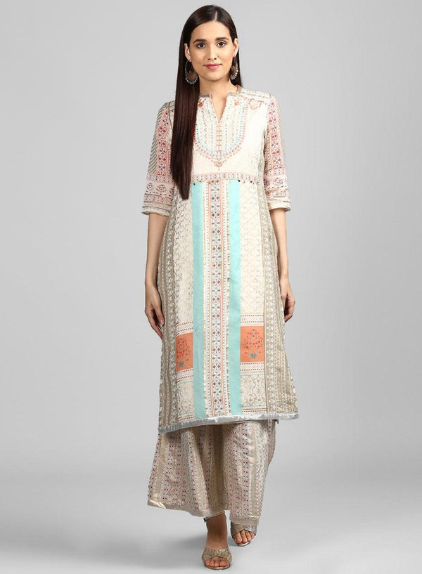 Off-White Mandarin Neck Printed kurta
