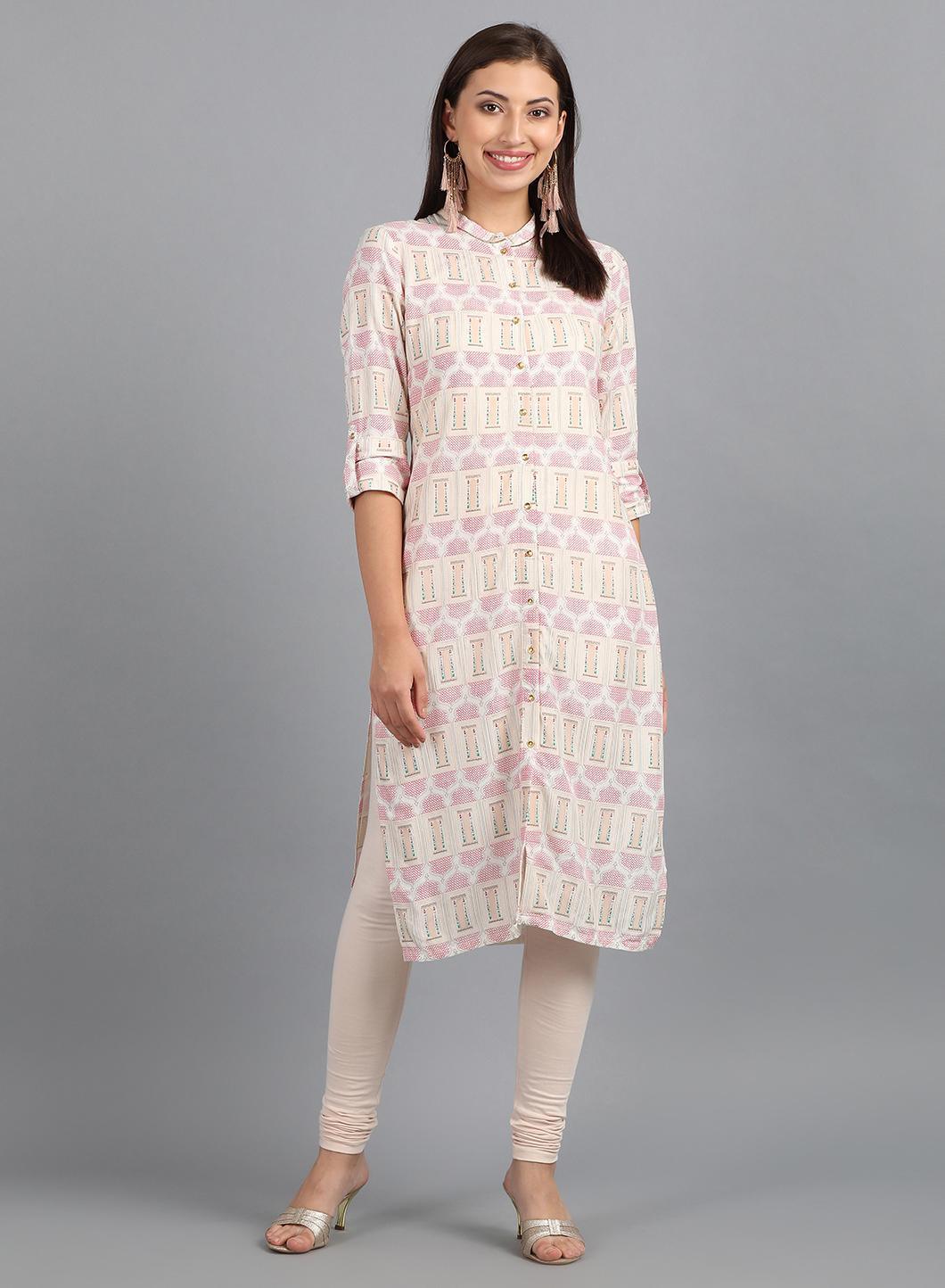 White Mandarin Neck Printed kurta - wforwoman