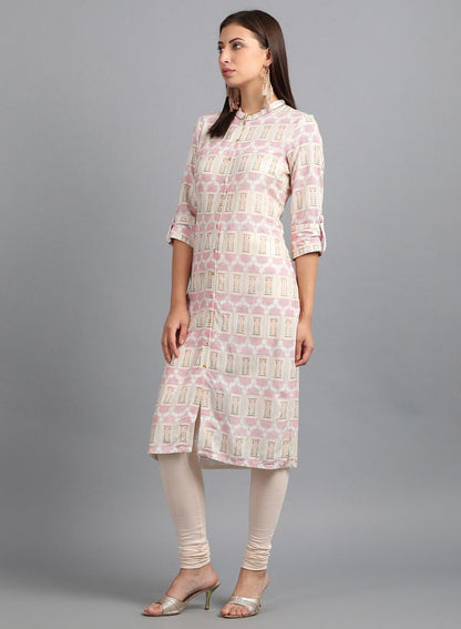 White Mandarin Neck Printed kurta - wforwoman