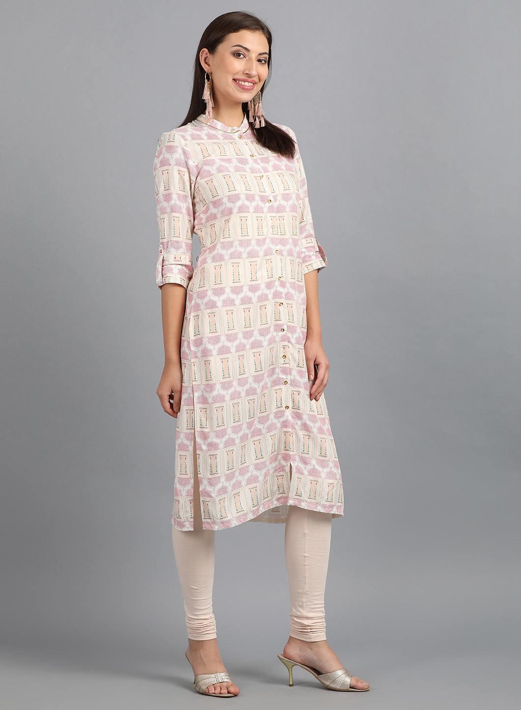 White Mandarin Neck Printed kurta - wforwoman