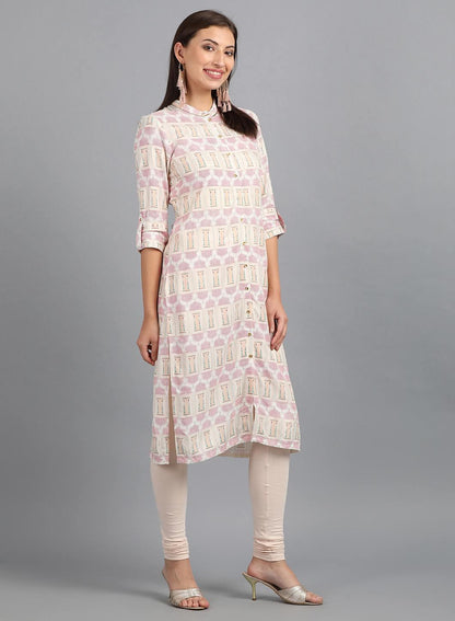White Mandarin Neck Printed kurta - wforwoman