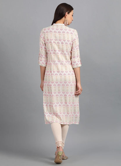 White Mandarin Neck Printed kurta - wforwoman