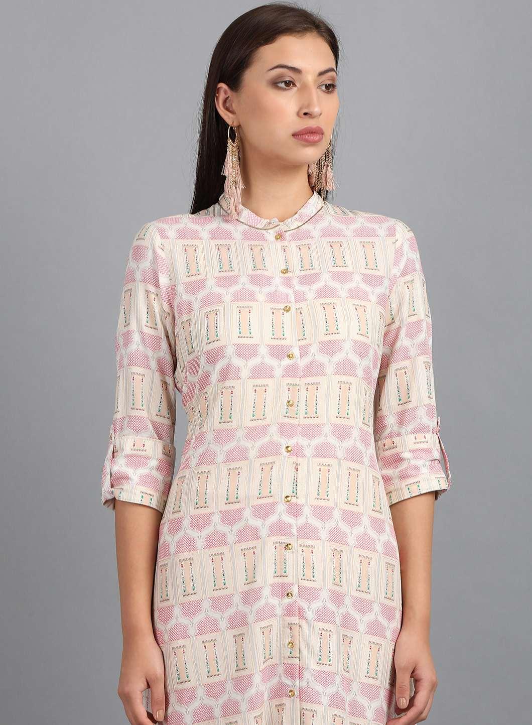White Mandarin Neck Printed kurta - wforwoman