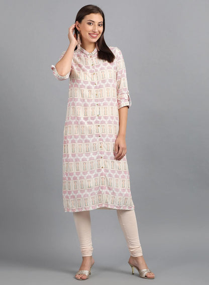White Mandarin Neck Printed kurta - wforwoman