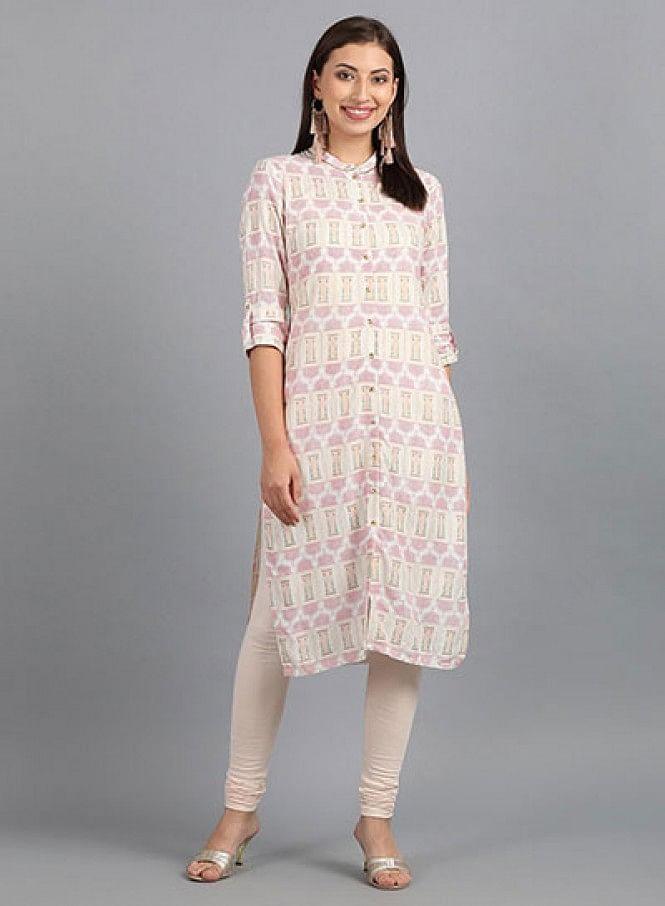 White Mandarin Neck Printed kurta - wforwoman