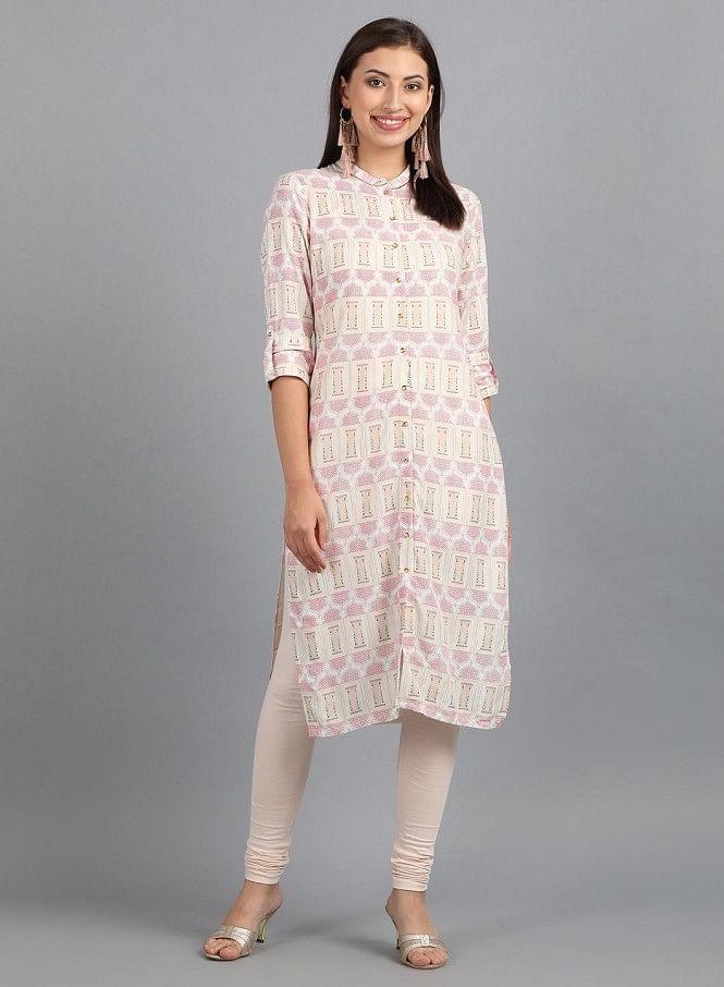 White Mandarin Neck Printed kurta - wforwoman
