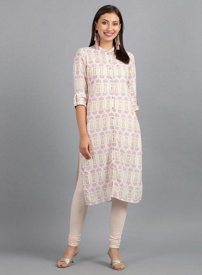 White Mandarin Neck Printed kurta - wforwoman