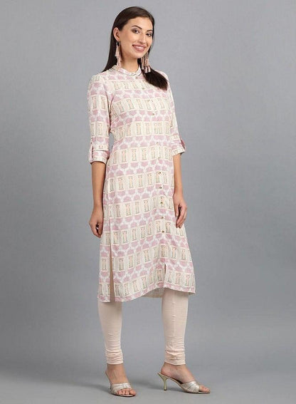 White Mandarin Neck Printed kurta - wforwoman