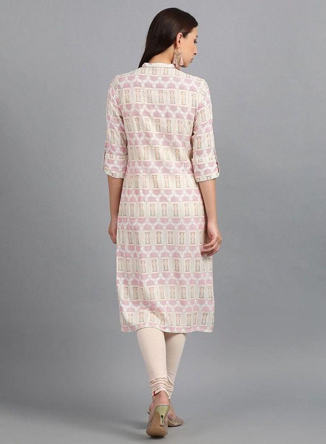 White Mandarin Neck Printed kurta - wforwoman