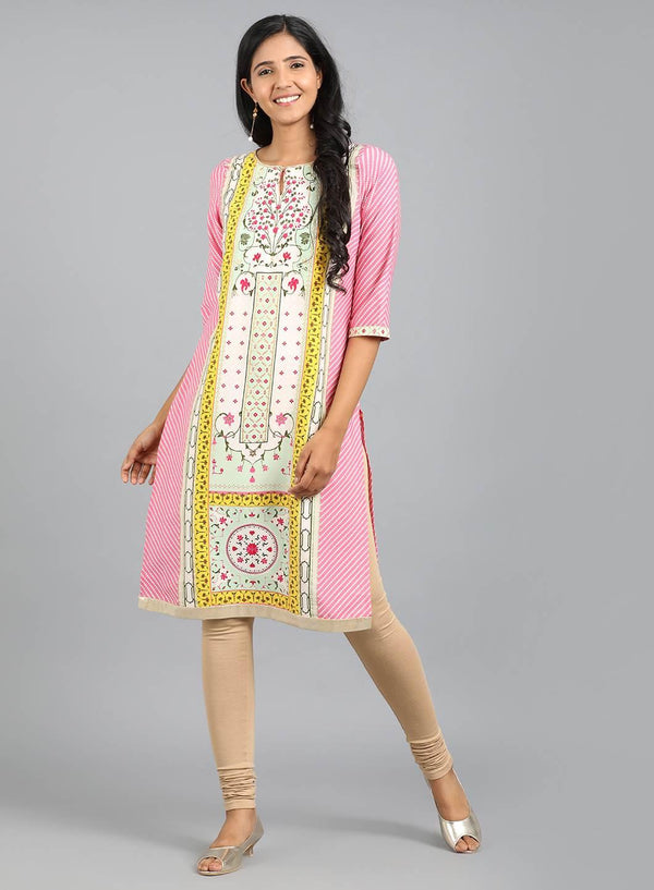 Pink Round Neck Printed kurta