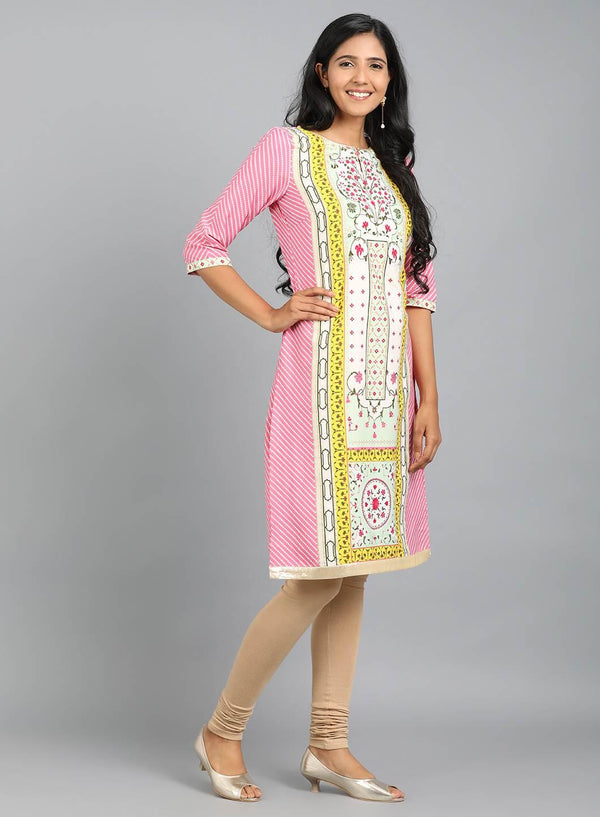 Pink Round Neck Printed kurta