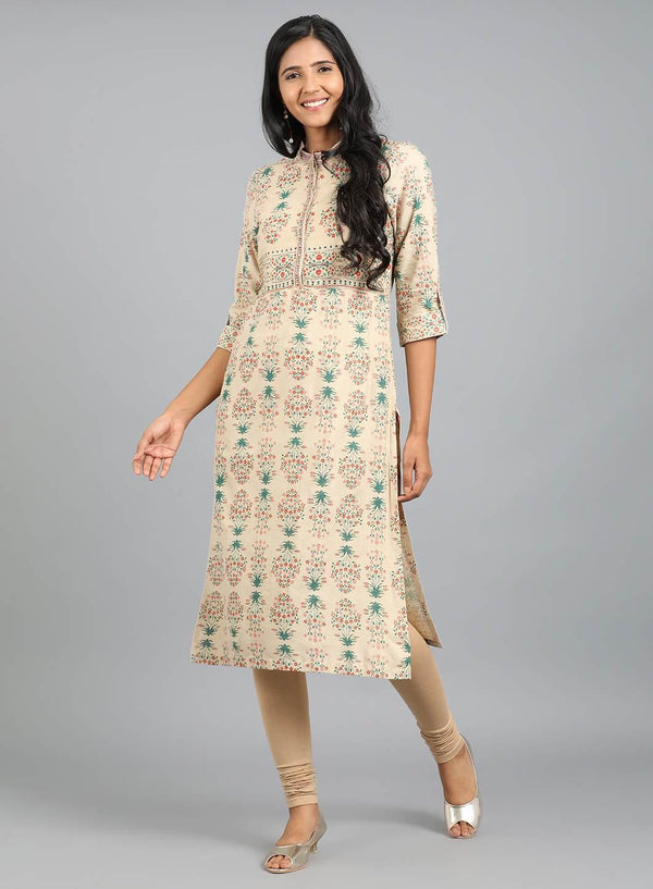 Beige Mandarin Neck Printed kurta