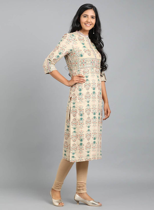 Beige Mandarin Neck Printed kurta