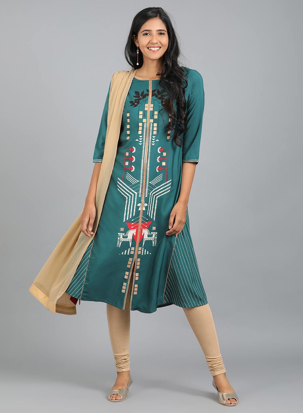 Teal Blue Round Neck Printed kurta