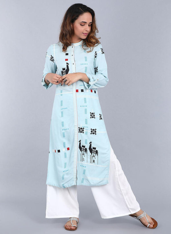 Light Blue Mandarin Neck Printed kurta