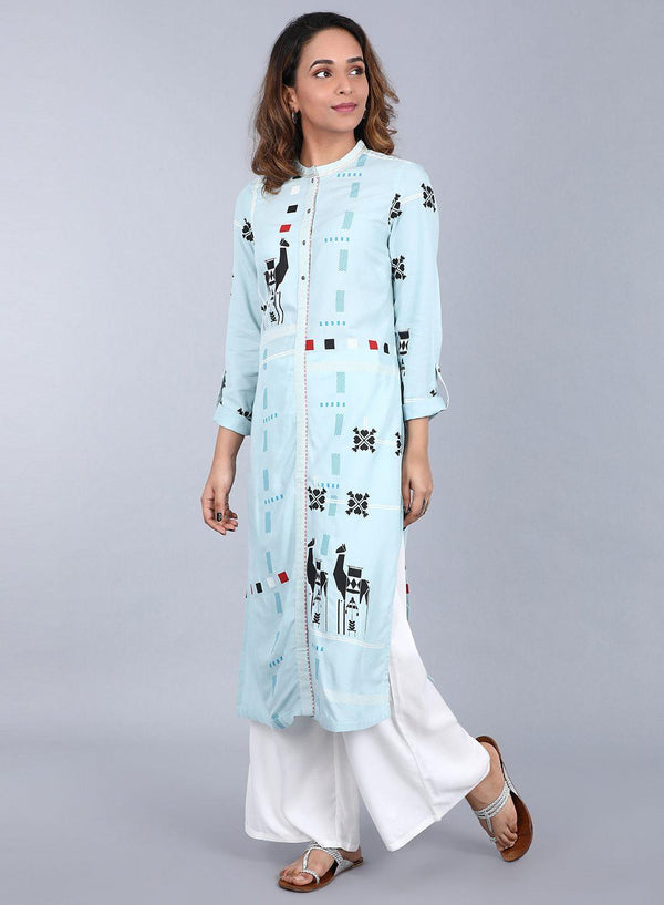 Light Blue Mandarin Neck Printed kurta