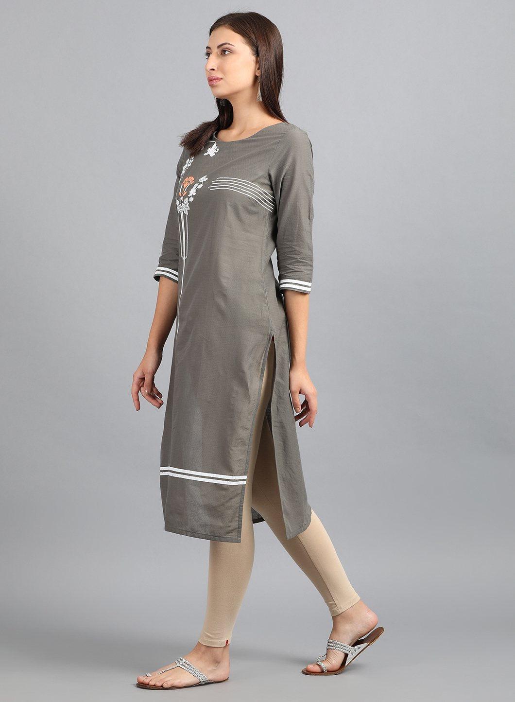 Grey Round Neck Printed kurta - wforwoman