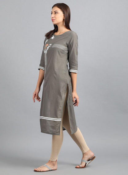 Grey Round Neck Printed kurta - wforwoman