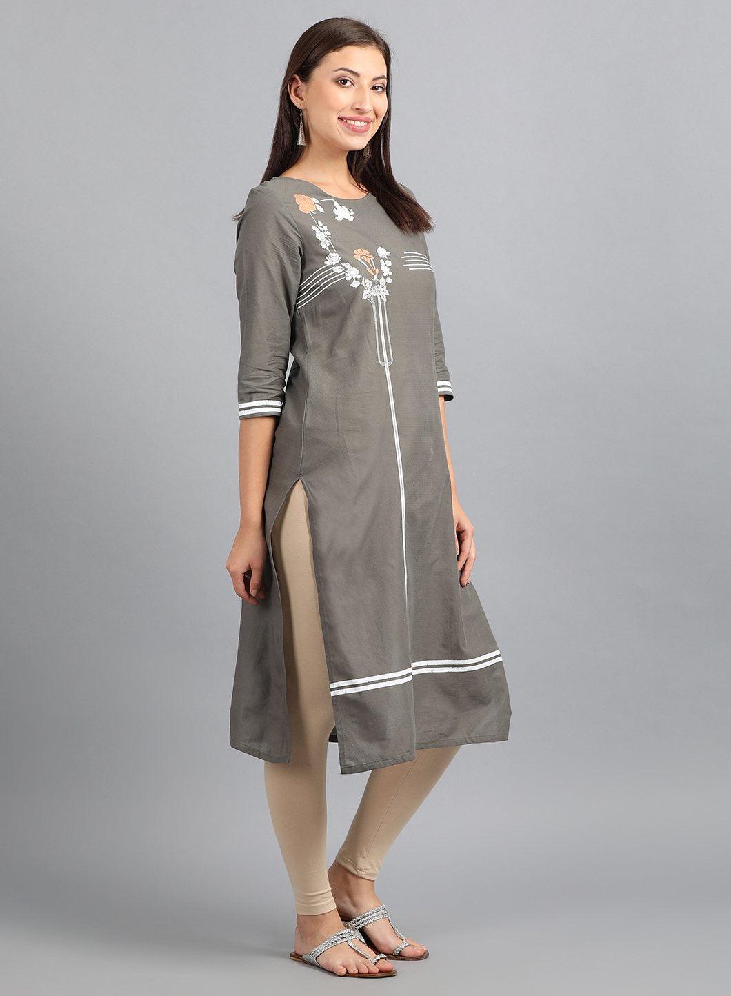 Grey Round Neck Printed kurta - wforwoman