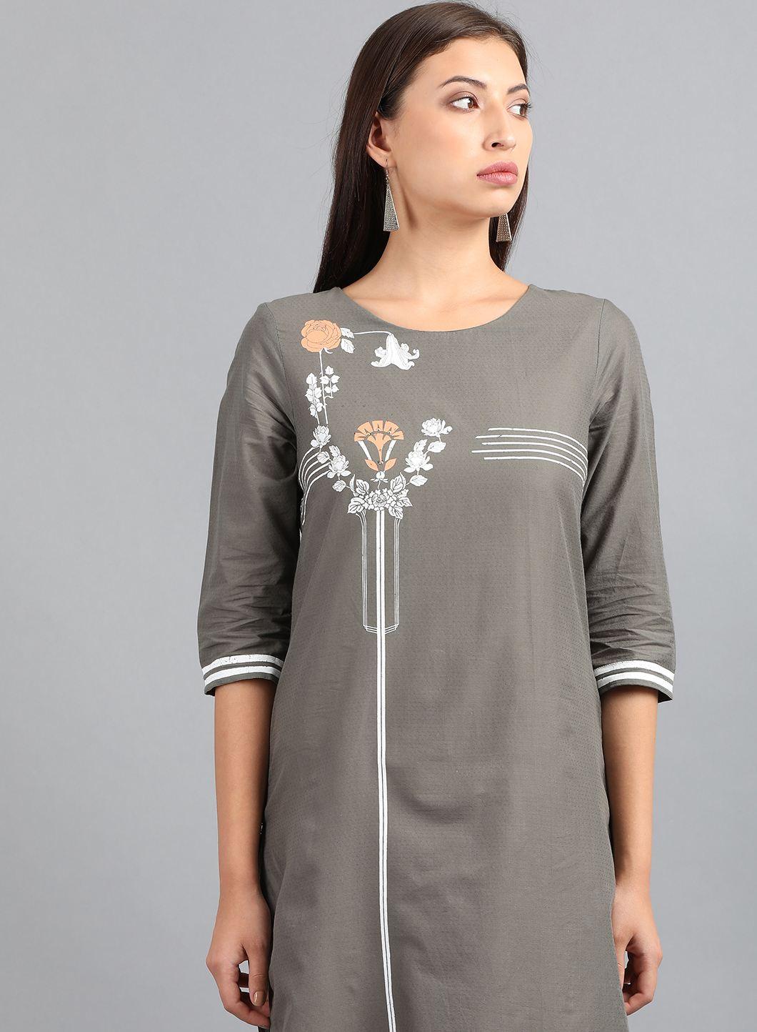 Grey Round Neck Printed kurta - wforwoman