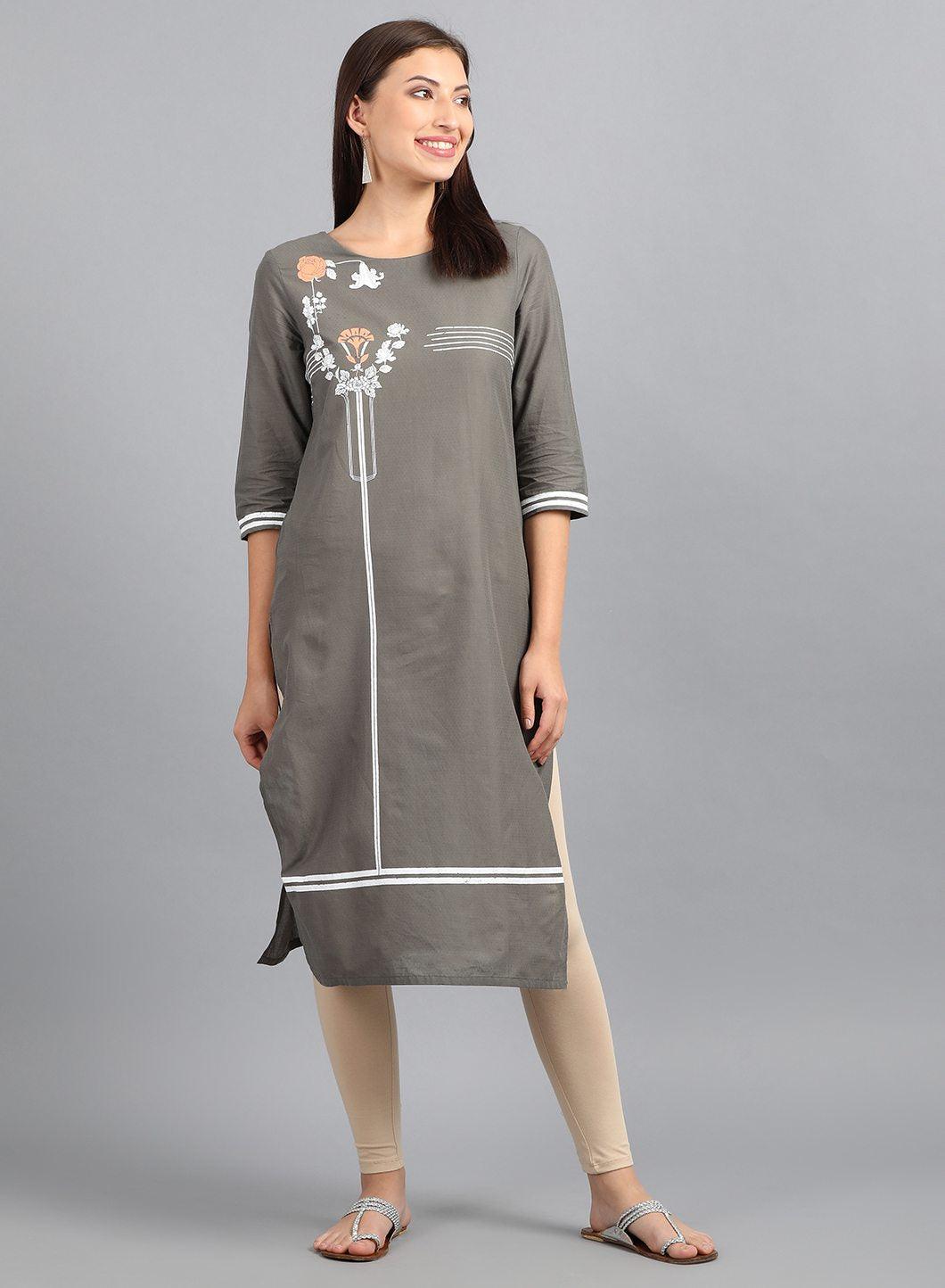 Grey Round Neck Printed kurta - wforwoman