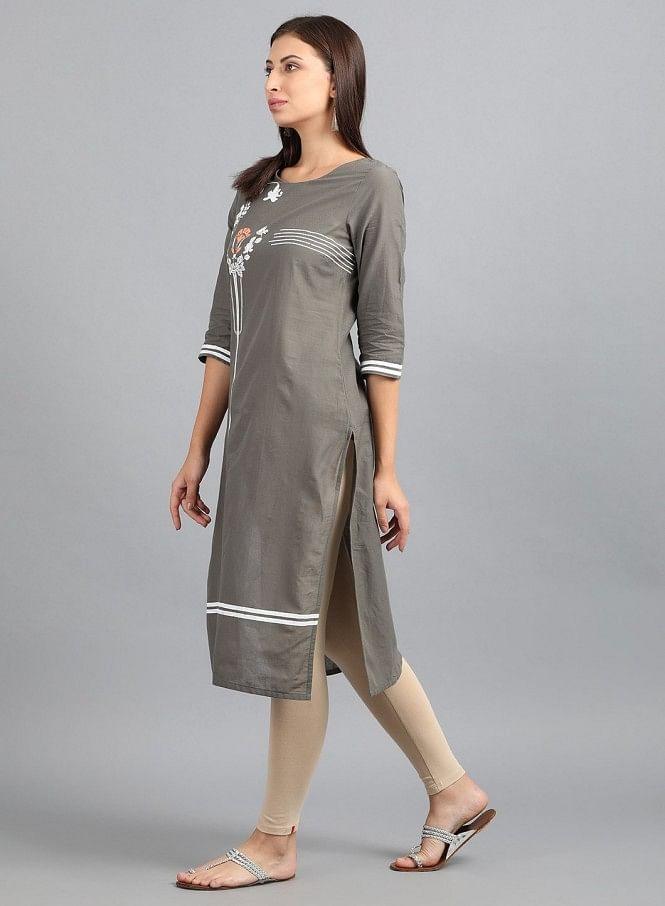 Grey Round Neck Printed kurta - wforwoman