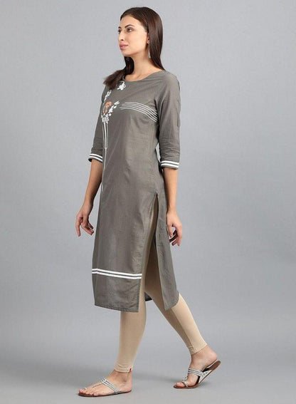 Grey Round Neck Printed kurta - wforwoman