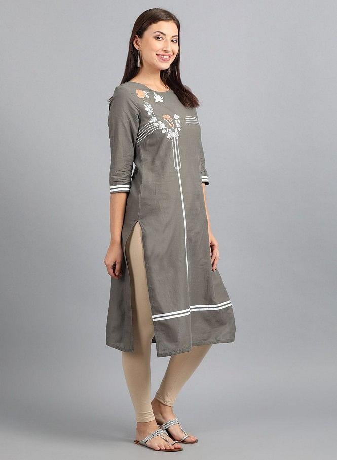 Grey Round Neck Printed kurta - wforwoman