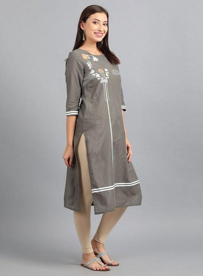 Grey Round Neck Printed kurta - wforwoman