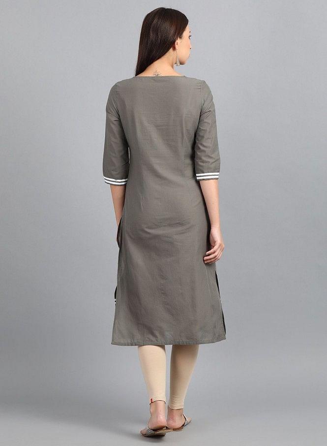 Grey Round Neck Printed kurta - wforwoman