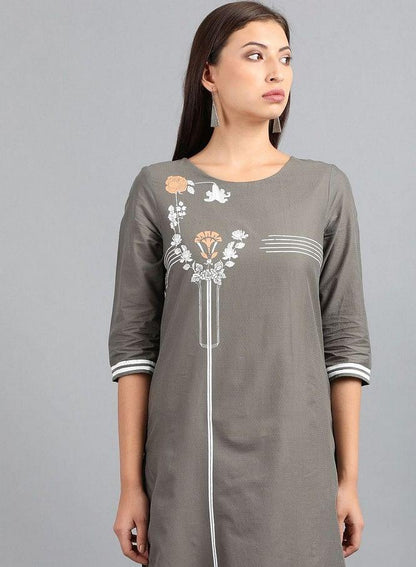 Grey Round Neck Printed kurta - wforwoman