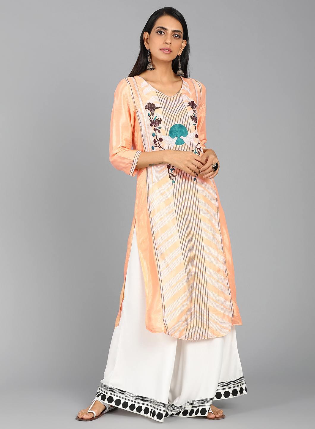 Orange V Neck Printed kurta - wforwoman