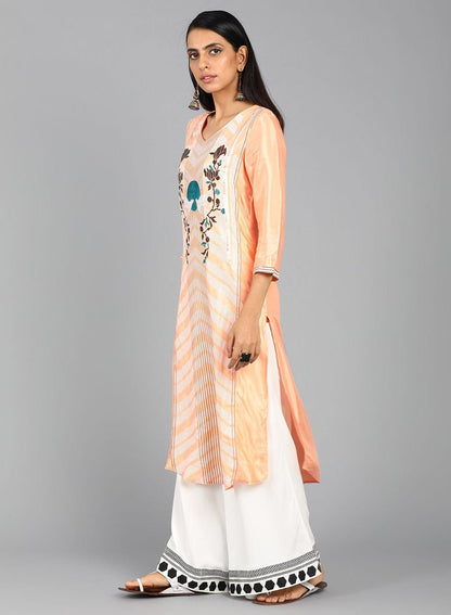 Orange V Neck Printed kurta - wforwoman