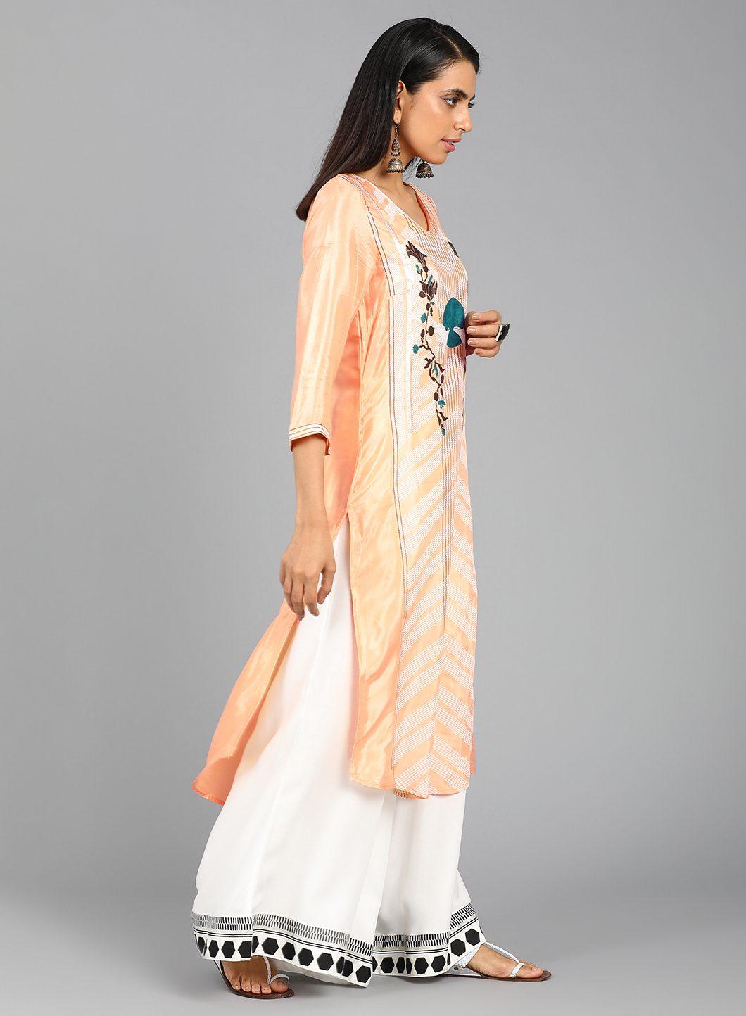 Orange V Neck Printed kurta - wforwoman