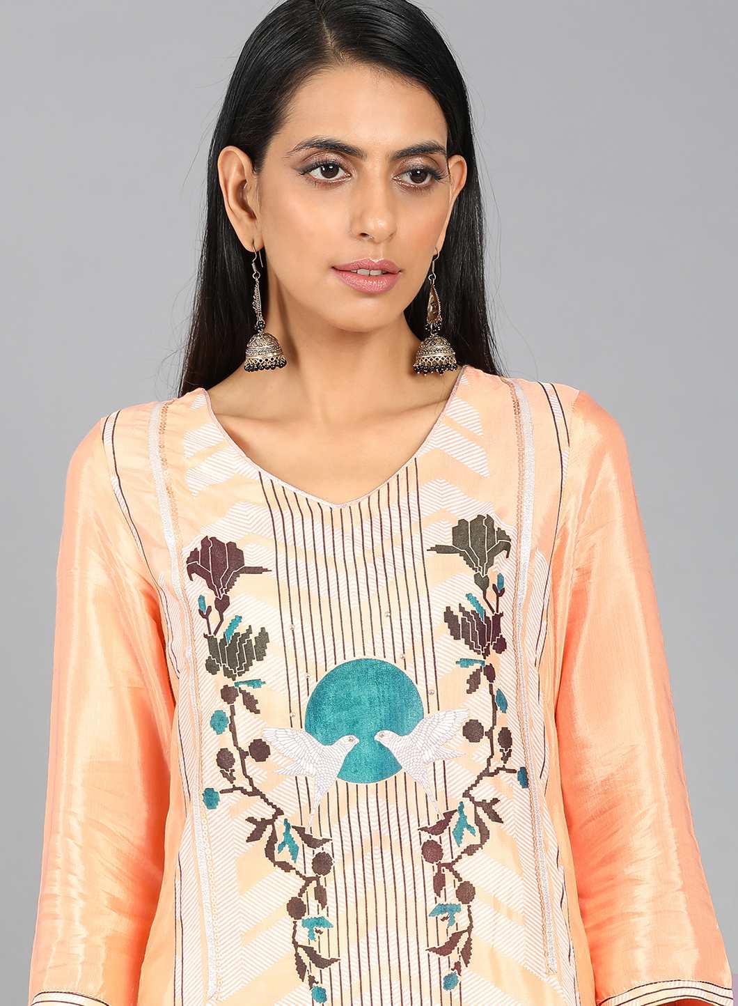 Orange V Neck Printed kurta - wforwoman