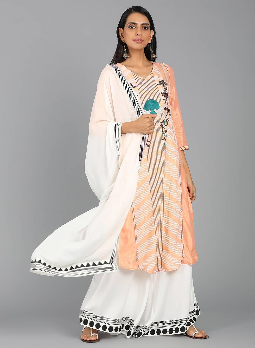 Orange V Neck Printed kurta - wforwoman