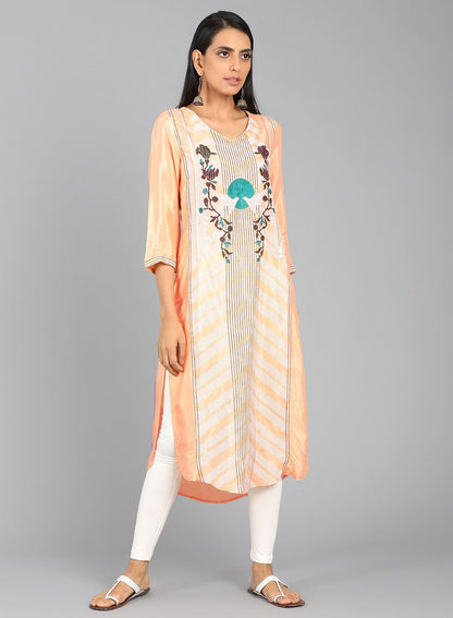 Orange V Neck Printed kurta - wforwoman