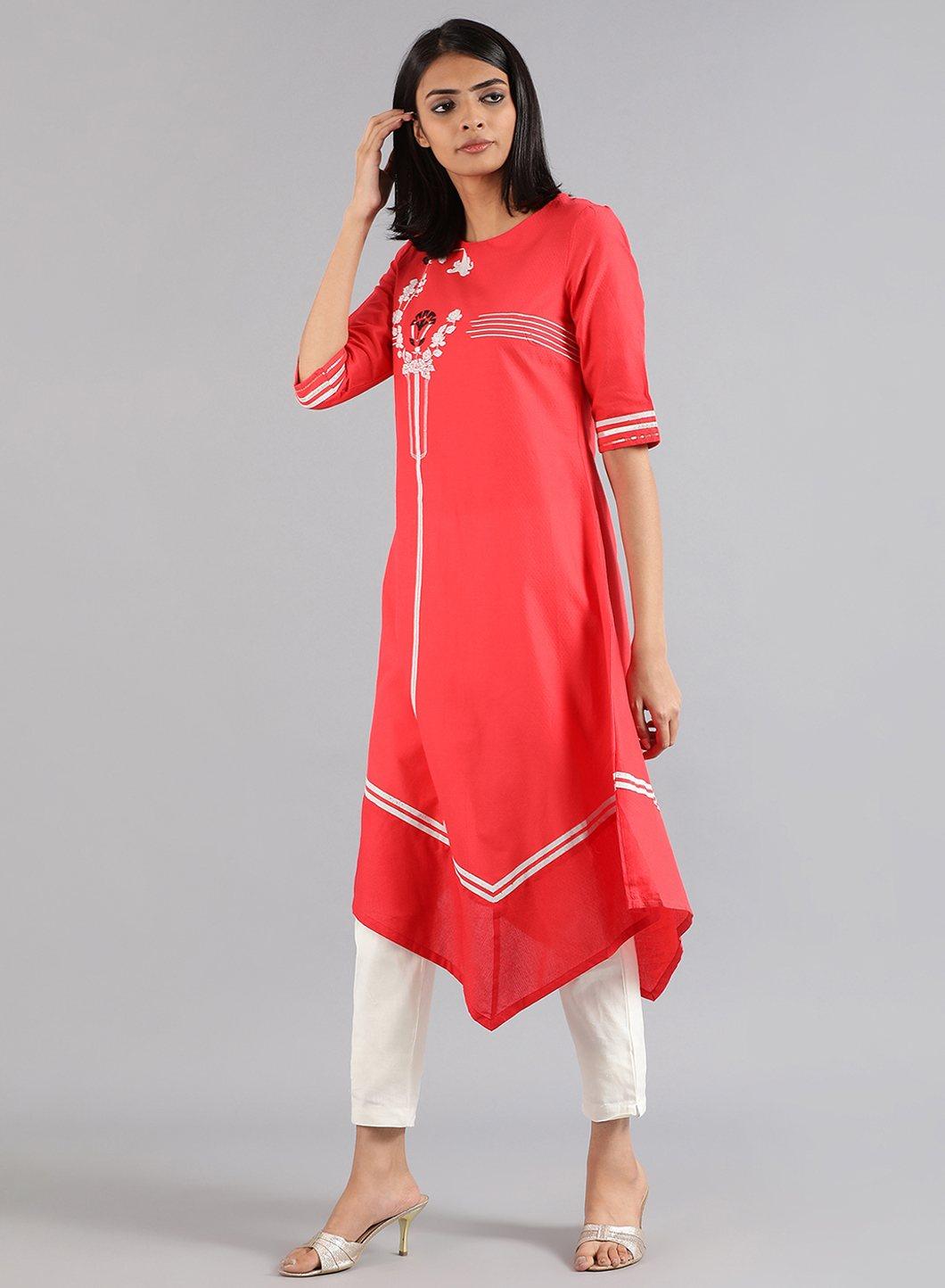 Red Round Neck Floral Print kurta - wforwoman