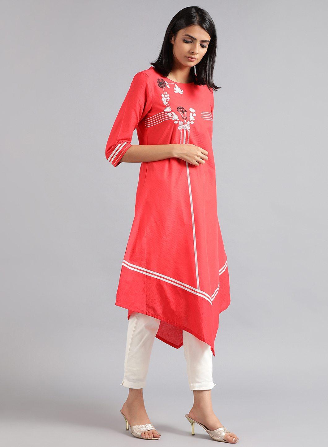Red Round Neck Floral Print kurta - wforwoman