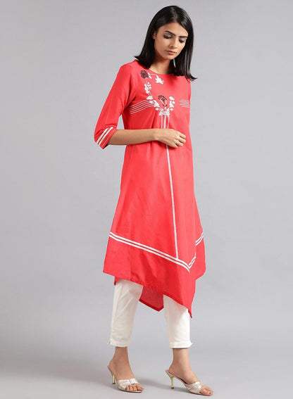 Red Round Neck Floral Print kurta - wforwoman