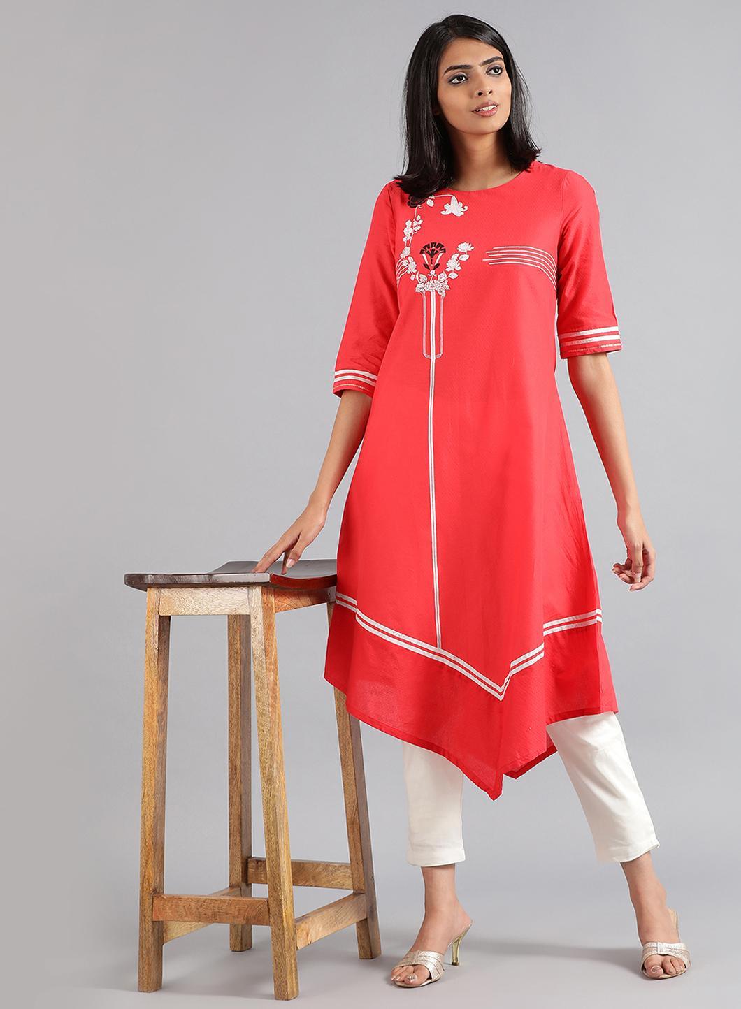 Red Round Neck Floral Print kurta - wforwoman