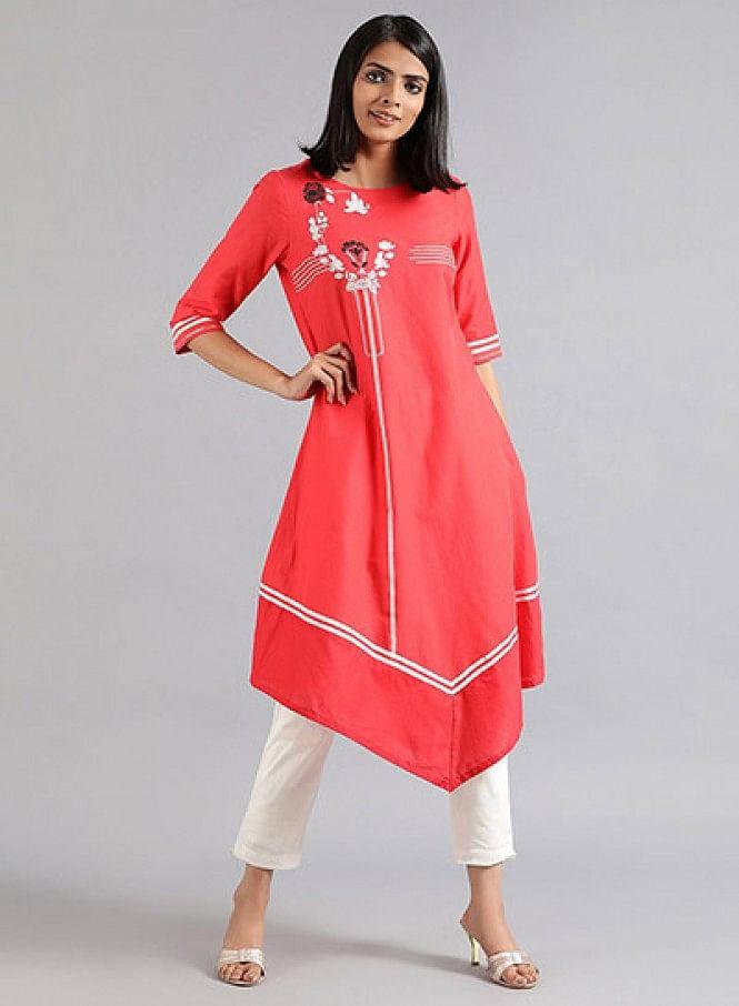 Red Round Neck Floral Print kurta - wforwoman