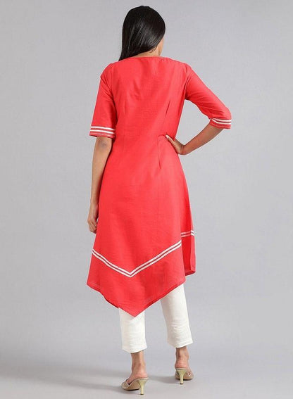Red Round Neck Floral Print kurta - wforwoman
