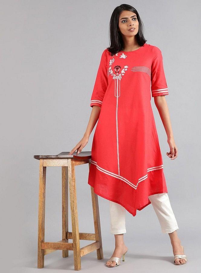 Red Round Neck Floral Print kurta - wforwoman