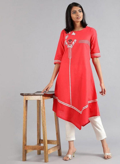 Red Round Neck Floral Print kurta - wforwoman